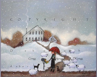 Winter PRINT Art, Gift for Gardener, Shepherdess and Sheep, Country Village Scene, Farmhouse, "Seed Catalogs" by Deborah Gregg