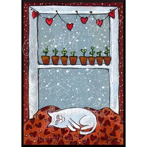 Weiße Katze Art kleiner PRINT, Cozy Valentine, Herzen, Solomon Gives Back von Deborah Gregg