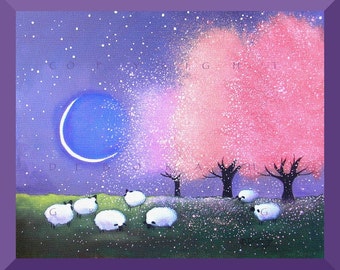 Spring Glow, a Sheep Apple Blossoms Crescent Moon Meadow PRINT by Deborah Gregg