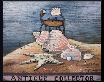Antique Collector, a small Crab Antiques Sea Shells Beach Print by Deborah Gregg