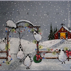 A Christmas Welcome, ein Schafscheune Landurlaub Schnee Print von Deborah Gregg