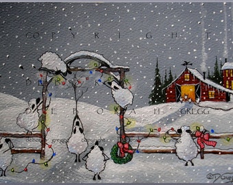 A Christmas Welcome, a Sheep Barn Country Holiday Snow Print by Deborah Gregg