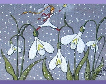 Snowdrops In The Snow, an aceo Snow Fairy Garden Flower PRINT by Deborah Gregg