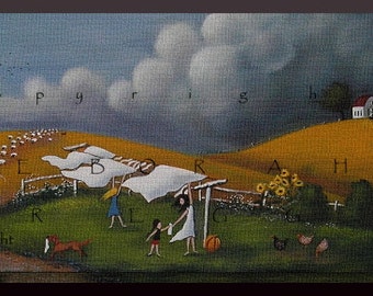 Storm Coming! A small Autumn Laundry Line Sheep Barn Print by Deborah Gregg