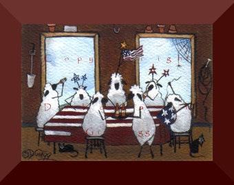 A Patriotic Contribution, Sheep American Flag Barn Seamstress a Tiny PRINT by Deborah Gregg