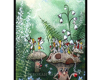 Morning Tea, a tiny morning coffee fairies mushroom aceo PRINT by Deborah Gregg