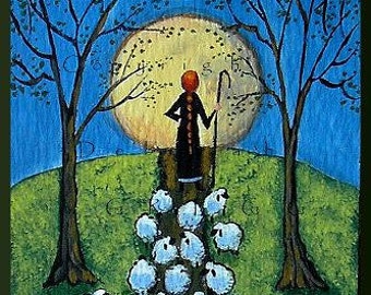 Road Block, a Tiny Sheep Full Moon Shepherdess Print aceo size by Deborah Gregg