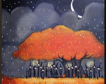 Grounded, a small Witch Halloween Fall Tree Moon Rain PRINT by Deborah Gregg