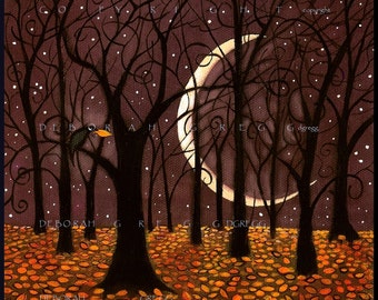 The Last Leaf, a Fall Autumn Crow Woods Crescent Moon Print by Deborah Gregg