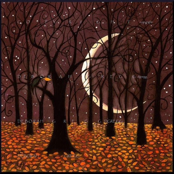 The Last Leaf, a Fall Autumn Crow Woods Crescent Moon Print by Deborah Gregg
