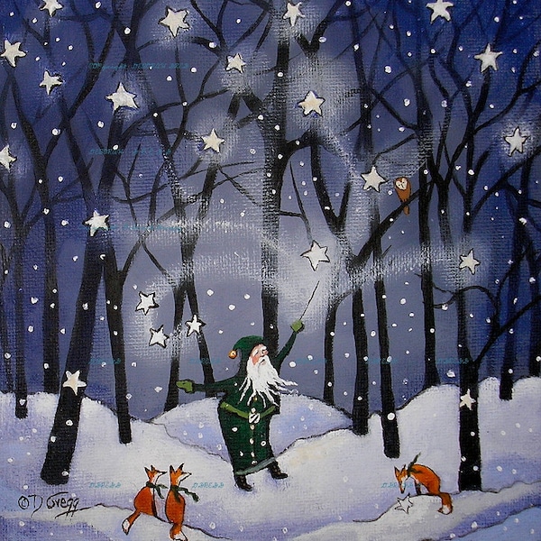 Stars For The Forest Canopy, an Old Man Winter Woods Stars Winters Night Fox PRINT by Deborah Gregg