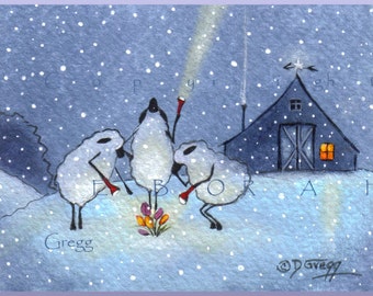 The Magic Of Spring, a Tiny Sheep Crocus Snow Barn Folk Art Hope Print by Deborah Gregg