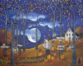 Pumpkin Man, a Halloween Autumn Night black Cats Crescent Moon Small PRINT by Deborah Gregg