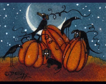 Pumpkin Treasure, a tiny Dachshund Crow Pumpkin PRINT by Deborah Gregg