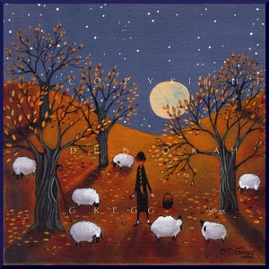 Autumn Bliss, a Sheep Apple Orchard Full Moon PRINT by Deborah Gregg