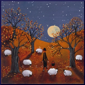 May include: A painting of a starry night scene with a full moon. A person in a black coat and hat is walking through a field of sheep under a tree with red apples. The text "COPYRIGHT DEBORAH GREGG" is visible in the image.