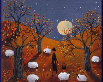 Autumn Bliss, a Sheep Apple Orchard Full Moon PRINT by Deborah Gregg