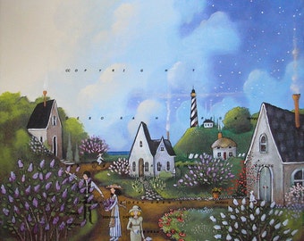 Lilacs in the Morning Light, a spring lighthouse morning flowers neighbors country cottages folk art Print by Deborah Gregg