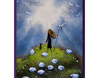 You Are Loved, a Tiny ACEO Shepherdess God's Love Cottage Core PRINT by Deborah Gregg