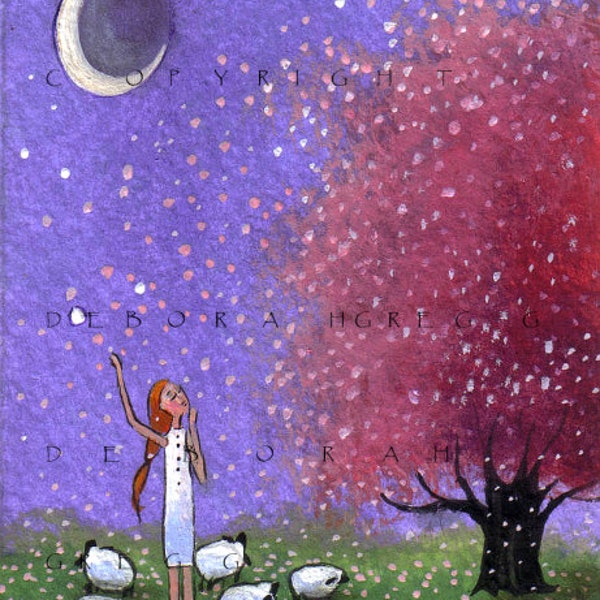 Letting Go, a tiny Apple Petals Spring Shower Sheep Print by Deborah Gregg