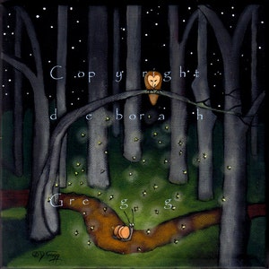 Help Comes When You Least Expect It, Snail Lightning bugs Fireflies Barn Owl Woods PRINT by Deborah Gregg