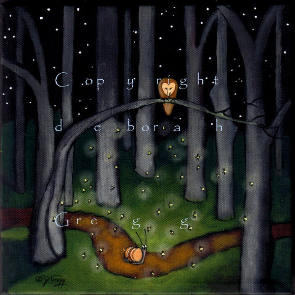 Help Comes When You Least Expect It, Snail Lightning bugs Fireflies Barn Owl Woods PRINT by Deborah Gregg
