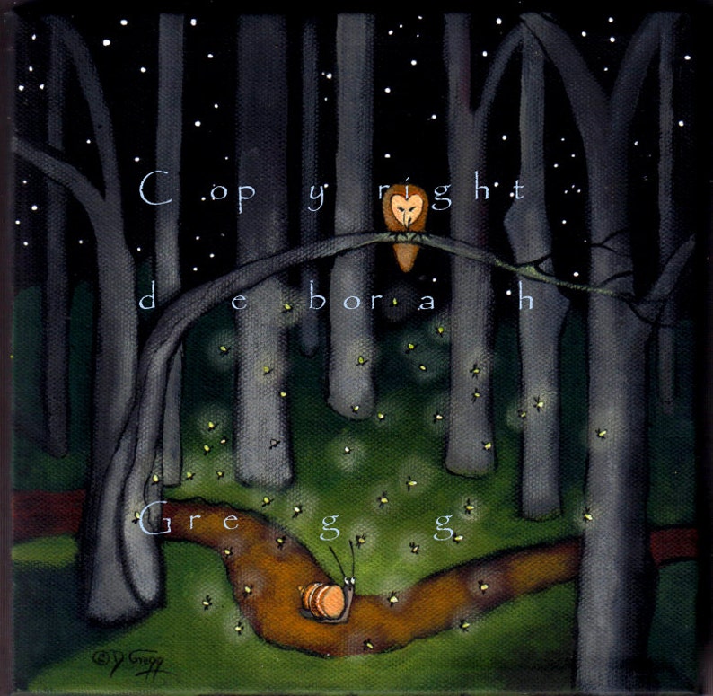 Help Comes When You Least Expect It, Snail Lightning bugs Fireflies Barn Owl Woods PRINT by Deborah Gregg image 1