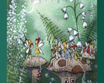 Morning Tea, a tiny morning coffee fairies mushroom aceo PRINT by Deborah Gregg