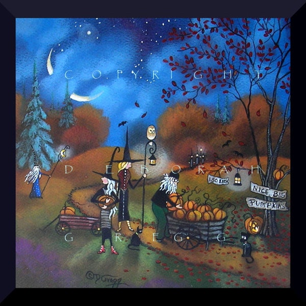Venta de calabazas a altas horas de la noche, una pequeña bruja de Halloween Otoño IMPRESIÓN de Deborah Gregg