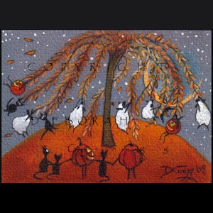 May include: A whimsical painting of a tree with black cats and white sheep dancing around it. The tree has orange leaves and there are pumpkins hanging from the branches. The background is a light blue with white snowflakes.