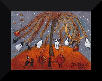 Halloween Happiness, a tiny sheep Black Cat Jack O Lantern Willow Tree PRINT by Deborah Gregg