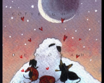 Love Times Five, a tiny Sheep Dachshunds Moon Winter Snow PRINT by Deborah Gregg