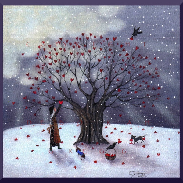 Love is in Abundance, a small Hearts Valentine Dachshund Cat Crow Print by Deborah Gregg