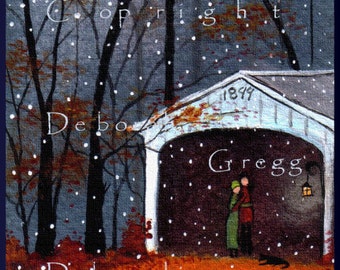 November Snowflakes, a tiny Autumn Covered Bridge Fall leaves Print by Deborah Gregg