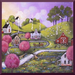 May include: A whimsical painting of a small town with houses, a red barn, a bridge, and a winding road. The sky is purple with stars and a crescent moon. There are pink flowering trees and a flock of sheep in the field.