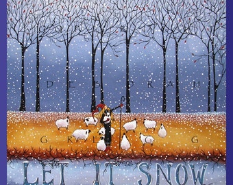 Winter Wonderland Snowflakes Wall Decor, Winter Print Art, Farmhouse Country Shepherdess and Sheep Quote PRINT, Let It Snow by Deborah Gregg