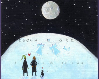 Sisters, Angels a snow angels sisters cat winter moon Print by Deborah Gregg