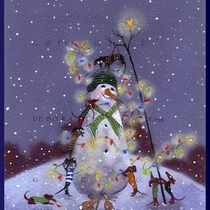 Christmas Lights...On Everything! A small Dachshund Christmas Snowman PRINT from the original by Deborah Gregg