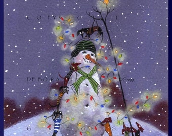 Christmas Lights...On Everything! A small Dachshund Christmas Snowman PRINT from the original by Deborah Gregg