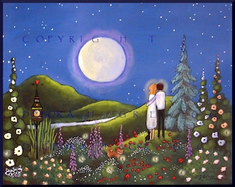 Soul Mates, a small Summer Love Flower Garden Yorkie Moon Print by Deborah Gregg