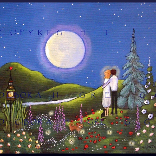 Soul Mates, a small Summer Love Flower Garden Yorkie Moon Print by Deborah Gregg