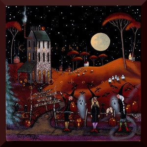 The Halloween Glee Club, a small Witch Halloween PRINT by Deborah Gregg