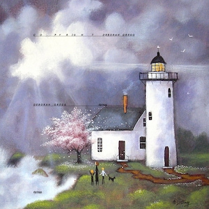 Children Of The Light, a small Spring, Ocean waves, Lighthouse, Family Print by Deborah Gregg