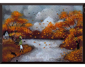 May include: A painting depicting a woman in a green jacket and white skirt standing by a river. The river is surrounded by trees with orange and yellow leaves. The sky is grey and there are birds flying overhead. The painting is titled "Deborah Gregg".
