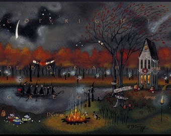 Marshmallow Meeting, a Halloween Witch Marshmallow Roast Black Cats Jack o Lanterns River Bonfire Folk Art Print by Deborah Gregg