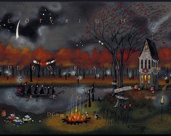 Puede incluir: Una pintura caprichosa de una escena de Halloween con un grupo de brujas en un bote en un lago, una fogata, una casa con una corona y un letrero que dice "Bienvenido a las Hermanas".