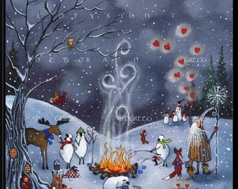 Cozy Winter Friends Hearts Wall Art PRINT, Old Man Winter, Santa, Campfire, Bonfire, Cottage Core Love and Friendship by Deborah Gregg