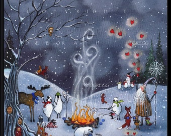 Winter Friends, Sheep Crows Moose Badger Rabbits Dachshunds Old Man Winter Fox Valentine Hearts PRINT by Deborah Gregg