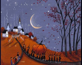 Helgas Contender For The Biggest  Pumpkin Contest, a Halloween Autumn Witch Print by Deborah Gregg