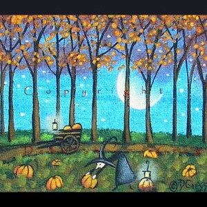 May include: A whimsical painting of a witch in a black hat and cloak gathering pumpkins in a forest at night. The scene is illuminated by a crescent moon and stars. The witch is carrying a lantern and there is a wagon full of pumpkins in the background.